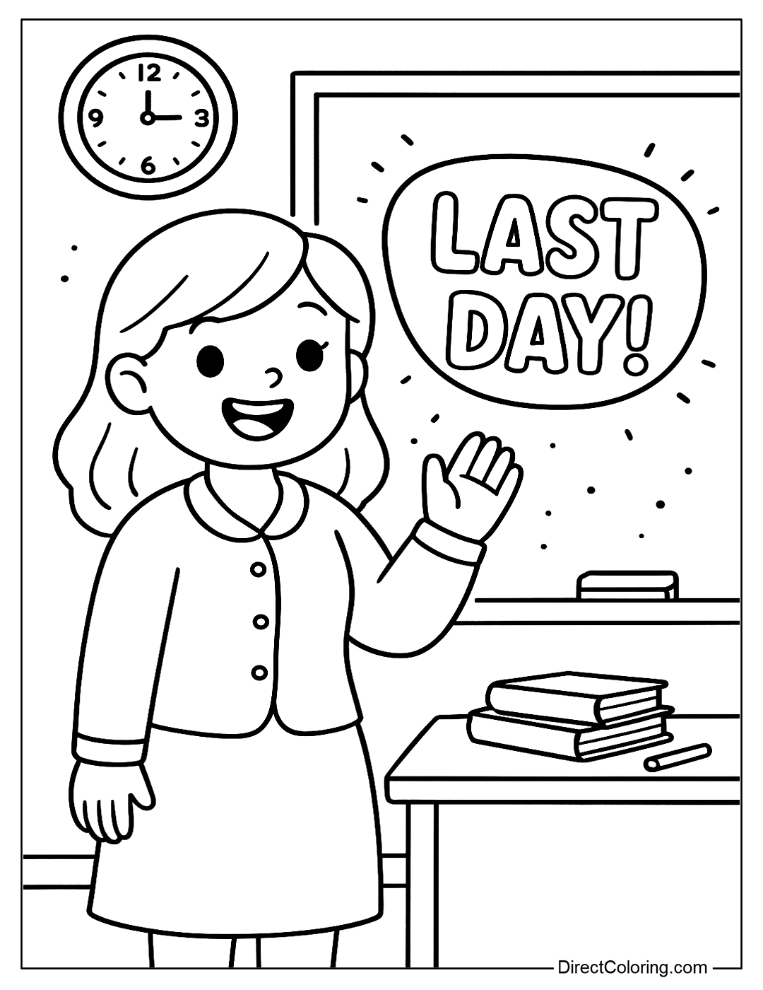 a coloring page of a teacher standing in front of a board, waving and smiling warmly.
